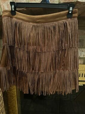 miami Brown Fringe Mini Skirt with Studded Trim
